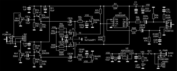 Schematic diagram of digital electronic device 
on paper sheet. Vector computer technic 
drawing electrical circuit with 
integrated circuit, led, 
capacitor, resistor, connector, other components.