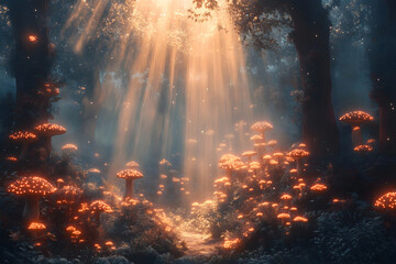Fototapeta premium Fantasy Forest Scene: A magical fairy tale background depicting a fantasy forest with glowing mushrooms, colorful mist, and enchanted trees. Rays of light break through the dense canopy. 