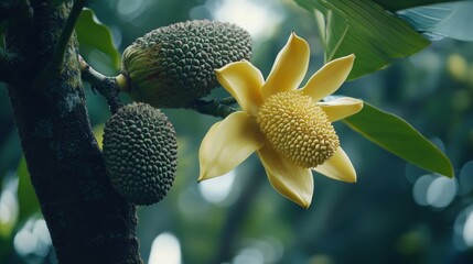 Yellow Flower and Green Fruits on a Branch