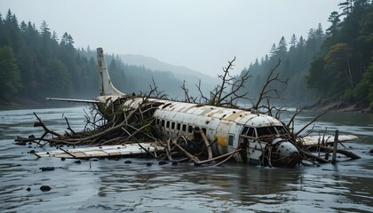 Crashed airplane half-sunken in a remote river with twisted metal and scattered debris, ideal for environmental disaster campaigns or recovery efforts