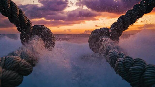Sunset over turbulent ocean waters framed by thick ropes on a boat during an evening voyage