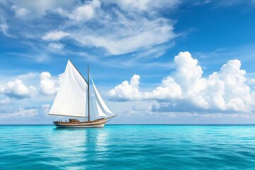 Fototapeta premium Serene Sailing Voyage Across Tranquil Azure Waters with Majestic Sailing Ship and Billowing Sails