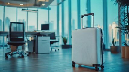 Modern Workspace with Suitcase and Scenic View