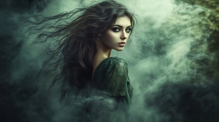 Fototapeta premium Mysterious woman with long dark hair, wearing a green dress, standing in a smoky forest.