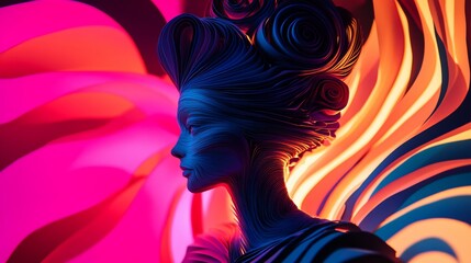 A stylized female bust sculpture in profile, vibrant neon colors, swirling abstract background.