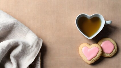 cozy beige fabric aesthetic with romantic tea and pink biscuit for lifestyle photography