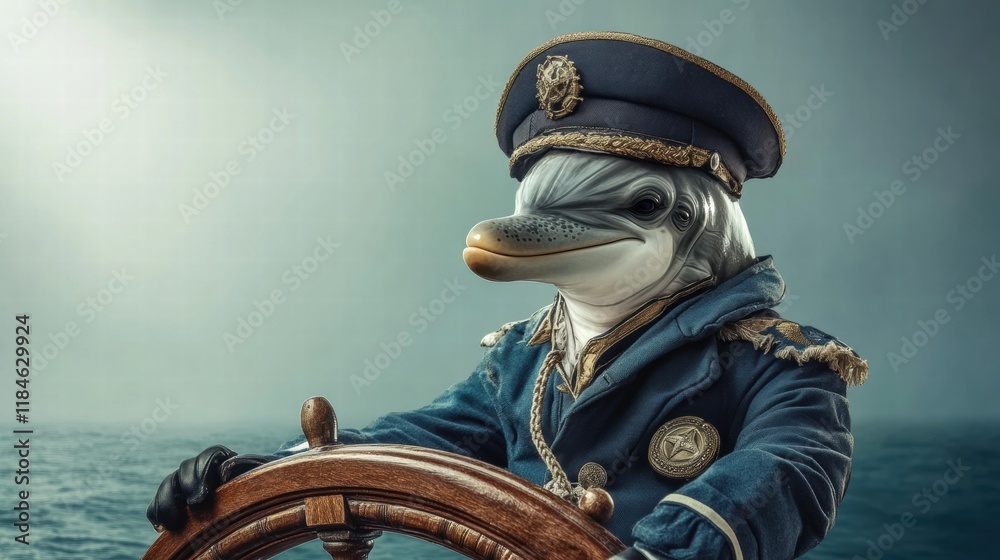 Poster dolphin dressed as a ship captain steering a ships wheel in a vast ocean under a cloudy sky. generat
