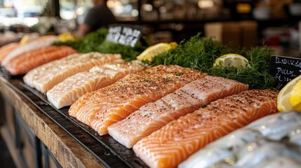 Fresh salmon fillets displayed on a market counter with lemon and dill.