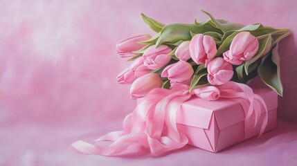 Fototapeta premium Mother's Day concept. Top view photo of stylish pink giftbox with ribbon bow and bouquet of tulips on isolated pastel pink background with copyspace