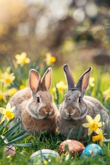 This delightful image features two adorable rabbits surrounded by vibrant Easter eggs and blooming flowers, embodying the joy and charm of the spring season and Easter festivities.