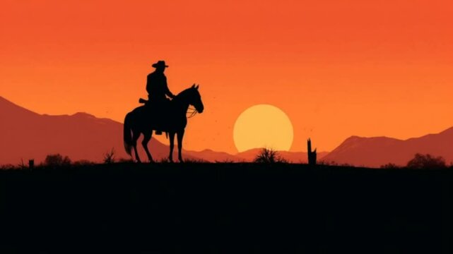 vaqueiro com seu cavalo em p&ocirc;r do sol 