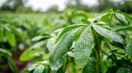 Green Leaves Covered in Rain Drops