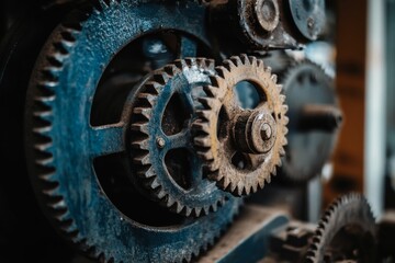 Dusty, metallic gears interlock, intricate mechanism.