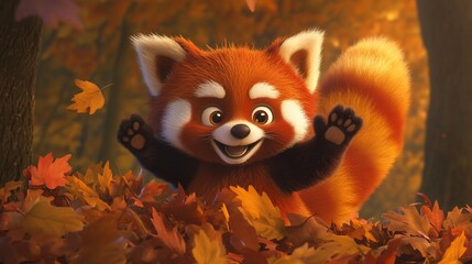 Joyful red panda cub playing in autumn leaves.