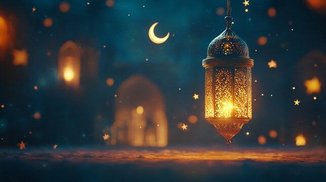 Ramadan Kareem greeting. Islamic lantern on night sky with crescent moon and stars. End of fasting. Hari Raya card. Eid al-Fitr decoration. Breaking of holy fast day. Muslim holiday.