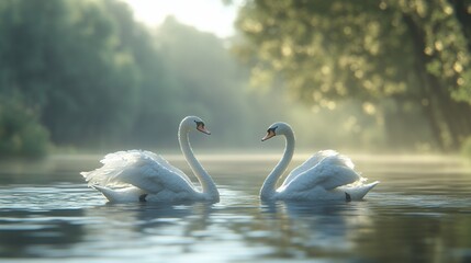 Fototapeta premium Swans in love, misty river, sunrise, nature, romance