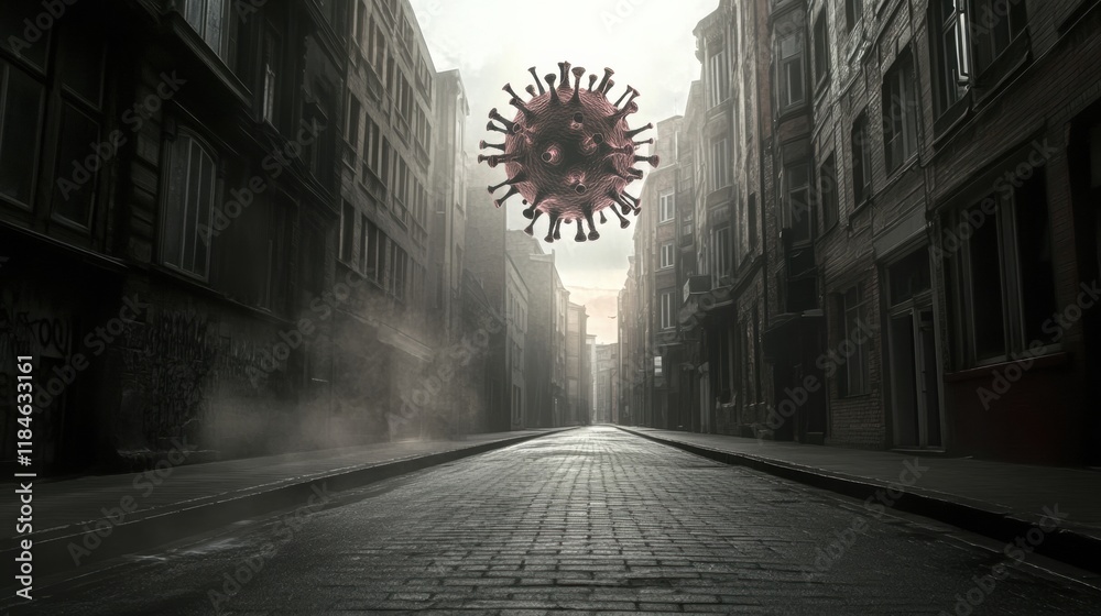 Aufkleber empty urban street with a floating virus symbol contrasting against misty buildings. generative ai