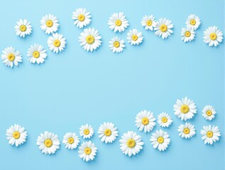 Fototapeta premium Curved white daisies wave pattern on sky-blue background with text space