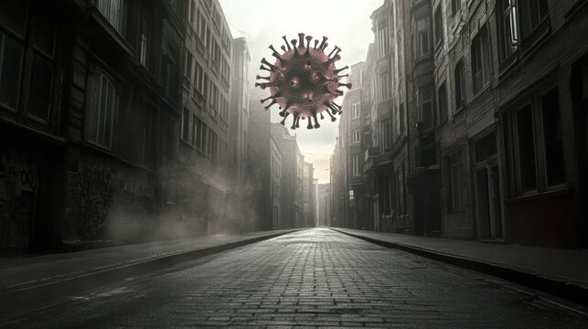 Empty urban street with a floating virus symbol contrasting against misty buildings. Generative AI