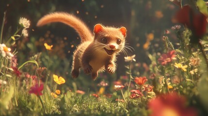Adorable, fluffy weasel leaping through a vibrant, sunlit meadow of wildflowers.