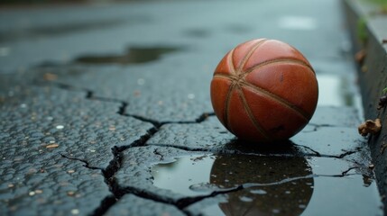 A weathered leather sphere rests on a rain-slicked cobblestone surface, reflecting the sky in puddles.