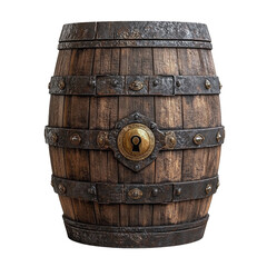 Fototapeta premium A wooden barrel with metal bands and a keyhole on it.