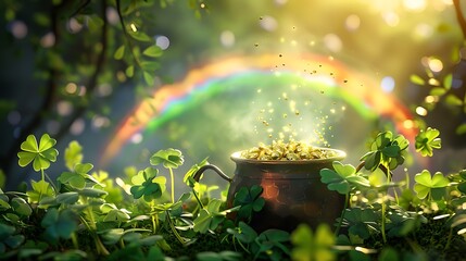 A vibrant St. Patrick&rsquo;s Day background featuring a pot of gold at the end of a glowing rainbow surrounded by clovers