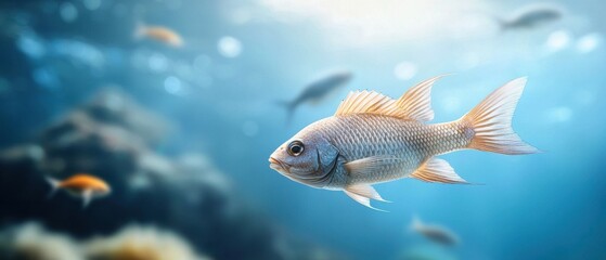 Naklejka premium Underwater Scene with Colorful Fish Swimming in Clear Blue Water