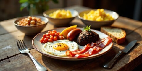 Fototapeta premium A hearty breakfast featuring fried egg, crispy bacon, baked beans, black pudding, and grilled sausage, served alongside buttery toast and a side of chickpeas.