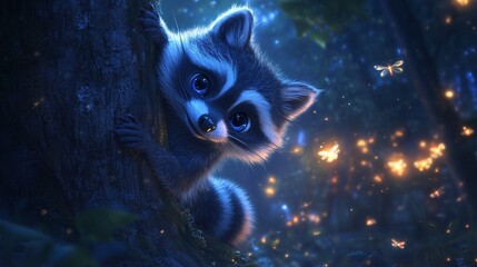 Adorable baby raccoon peeking from behind a tree at night, surrounded by fireflies.
