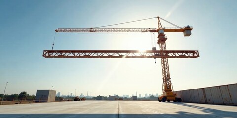Tower Crane Lifting a Precast Concrete Beam During a Large-Scale Construction Project on a Sunny Day