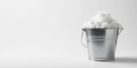 A Small Metal Bucket Overflowing with Fluffy White Material on a Plain White Background