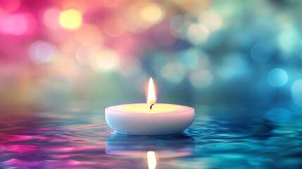 Single white candle floating on colorful water with bokeh background.
