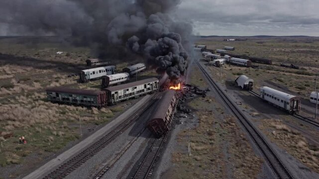Aerial view of a train derailment in a remote area with thick black smoke billowing from a fire. Damaged train cars are scattered along the railway tracks, creating a dramatic and chaotic scene.