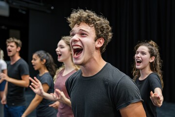 Loud disagreement during a theater rehearsal, with actors gesturing and the director shouting from the side