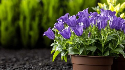 Vibrant Purple Bellflowers Bloom Beautifully in Garden Pot Photo. AI Generated