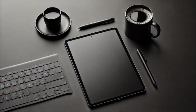 A simple black workspace with a tablet, stylus, and a coffee mug on a clean black surface. Minimalist and professional design. Black background. AI generated.