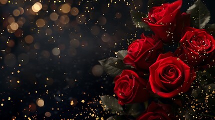 Elegant Valentine’s Day background featuring red roses and gold sparkles on a deep black backdrop