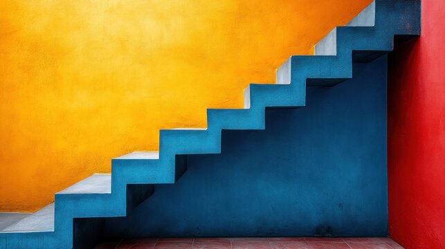 Concrete stairs against vibrant yellow and blue wall.