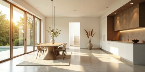 Sunlit Modern Dining Room with Minimalist Design and Open Floor Plan Featuring Wooden Accents and a View of a Pool