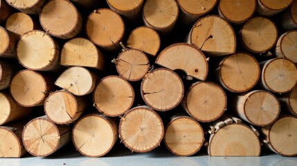 A Stack of Round Light Brown Wooden Logs, Showing the Annual Growth Rings, Close-Up Texture