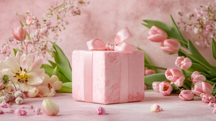 Mother's Day concept. Top view photo of stylish pink giftbox with ribbon bow and bouquet of tulips on isolated pastel pink background with copyspace