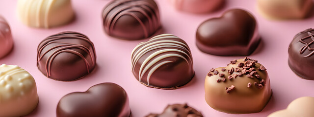 Flatlay of heart-shaped chocolates. Valentine's Day