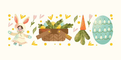 Collection of Easter elements bunny costume, decorative eggs, spring flowers, candles, carrots, and gift basket isolated on a light background. Vector illustration. Easter celebration concept