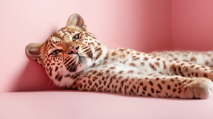 A stylish leopard leisurely resting on a soft pink surface, showcasing its distinctive spots and relaxed demeanor, exuding elegance, serenity, and a playful attitude in this artful shot.