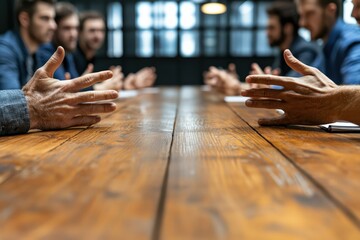 Office workers in a tense discussion during a meeting, with a person slamming their hand on the table