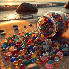 Obraz premium Colorful glass beads spilling from glass jar on beach at sunset