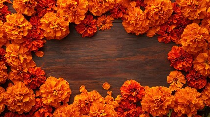 Bright Orange Marigolds Surrounding Wooden Sign Frame on Dark Background