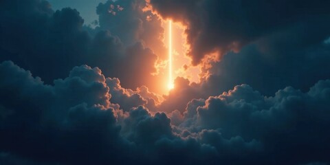 Obraz premium A luminous beam pierces through dramatic, dark clouds, illuminating a breathtaking celestial scene with an ethereal glow.