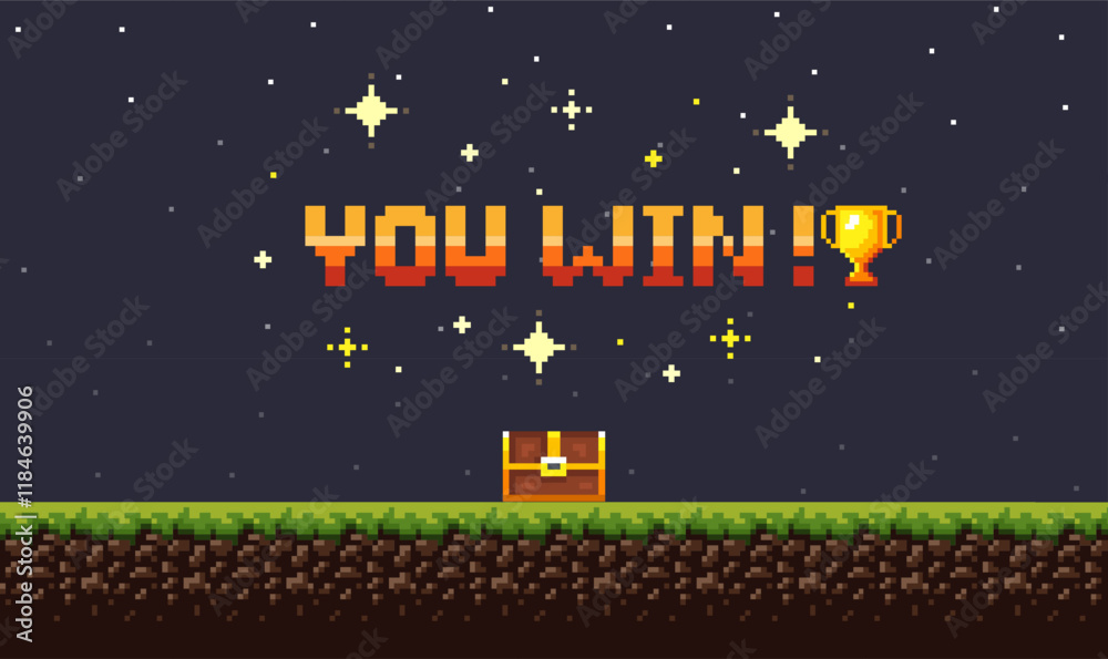 Fototapete pixel art night game background with grass, sky and you won game 8-bit text. game screen pixel